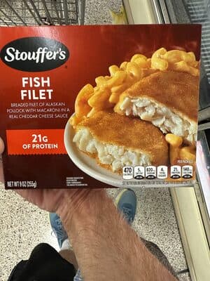 Fish Filet Breaded Filet of Alaska Pollock with Macaroni in a Real Cheddar Cheese Sauce
