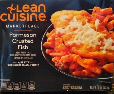 Parmesan Crusted Fish with Pasta in a Fire-Roasted Tomato Sauce Topped with Cheese