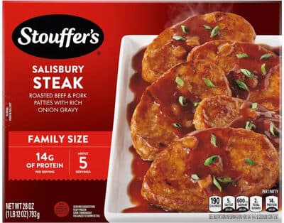 Salisbury Steak Roasted Patties Made With Natural Beef And Pork Topped With Onions & Gravy