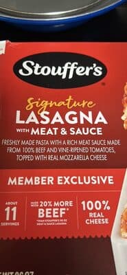 Lasagna With Meat & Sauce Freshly Made Pasta, Rich Meat Sauce Made From 100% Pure Beef And Vine-Ripened Tomatoes, And Topped With Real Mozzarella Cheese