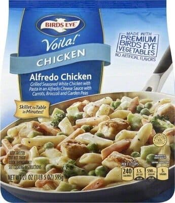 Alfredo Chicken Grilled White Meat Chicken with Pasta in an Alfredo Cheese Sauce with Carrots, Broccoli and Peas