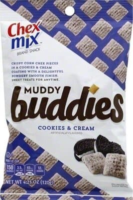 Crispy Corn Chex Pieces in a Cookies & Cream Coating with a Delightful Powdery Smooth Finish