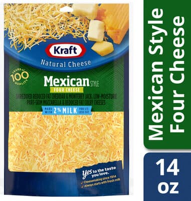Four Cheese Mexican Style Shredded Reduced Fat Cheddar & Monterey Jack, Low-Moisture Part-Skim Mozzarella & Reduced Fat Colby Natural Cheese