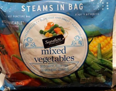 Mixed Diced Carrots, Yellow Corn, Cut Green Beans, Green Peas Steams in Bag Vegetables