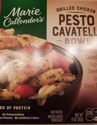 Grilled Chicken Pesto Cavatelli Bowl Chicken Breast Over Cavatelli Pasta Topped With Creamy Pesto Sauce And Cherry Tomatoes