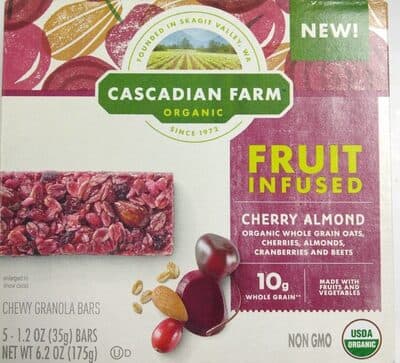 Cherry Almond Organic Whole Grain Oats, Cherries, Almonds, Cranberries and Beets Fruit Infused Chewy Granola Bars