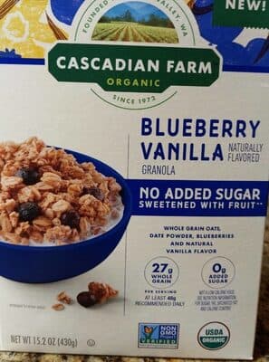 Blueberry Vanilla Flavored Whole Grain Oats, Date Powder, Blueberries and Natural Vanilla Flavor Granola