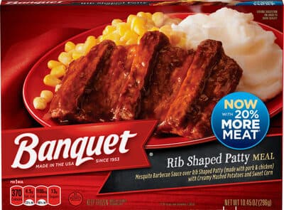 Backyard BBQ Mesquite Barbecue Sauce Over Rib Shaped Patty With Creamy Mashed Potatoes And Sweet Corn Meal