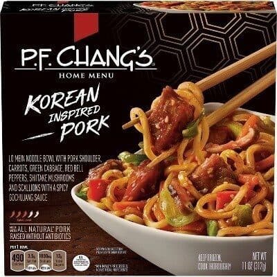 Korean Inspired Pork Lo Mein Noodle Bowl with Pork Shoulder, Carrots, Green Cabbage, Red Bell Peppers, Shiitake Mushrooms and Scallions with a Spicy Gochujang Sauce