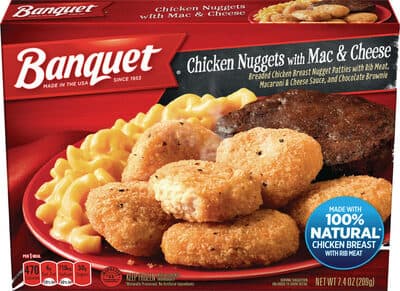 Breaded Chicken Breast Nugget Patties with Rib Meat, Macaroni & Cheese Sauce, and Chocolate Brownie