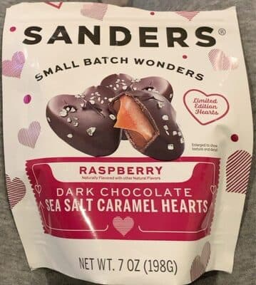 Raspberry flavored Dark Chocolate Sea Salt Caramel Hearts