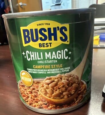 Simmered pinto beans in medium heat chili sauce made with chipotle peppers and green chilies
