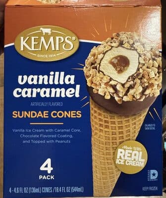 Vanilla Caramel Flavored Ice Cream With Caramel Core, Chocolate Coated Peanuts Sundae Cones