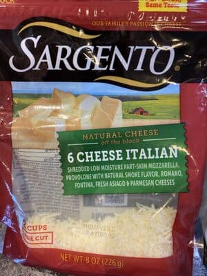 6 Cheese Italian Low Moisture Part-Skim Mozzarella, Provolone With Smoke Flavor, Romano, Fontina, Fresh Asiago & Parmesan Fine Cut Shredded Natural Cheeses