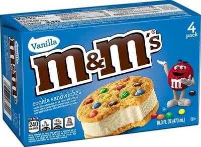 Vanilla Cookie Sandwiches Vanilla Flavored Reduced Fat Ice Cream Sandwiched Between Sugar Cookies With M&M's Brand Minis Milk Chocolate Candies