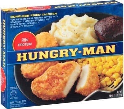 Boneless Fried Chicken White Meat Chicken Patties With Mashed Potatoes, Sweet Corn And A Brownie