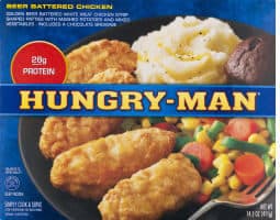 Golden Beer Battered White Meat Chicken Strip Shaped Patties With Mashed Potatoes And Mixed Vegetables - Includes A Chocolate Brownie