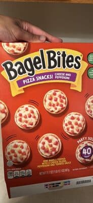 Cheese & Pepperoni Mini Bagels Topped With Cheese, Pepperoni Made With Pork And Chicken Added, And Tomato Sauce Pizza Snacks!