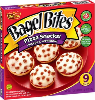 Mini Bagels Topped With Cheese, Pepperoni Made With Pork And Chicken Added, And Tomato Sauce, Cheese & Pepperoni