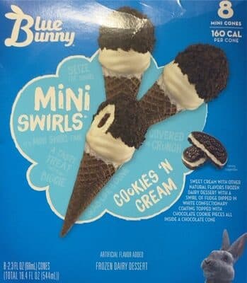 Cookies 'N Cream Sweet Cream Frozen Dairy Dessert Cones With A Swirl Of Fudge Dipped In White Confectionery Coating Topped With Chocolate Cookie Pieces All Inside A Chocolate Cone