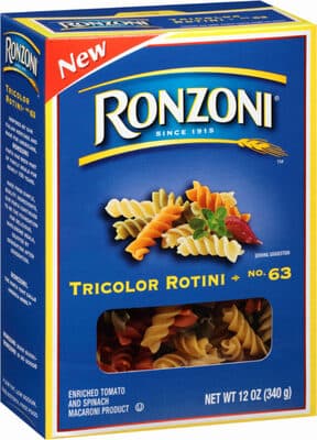 Enriched Tomato and Spinach Macaroni Product, Tricolor Rotini