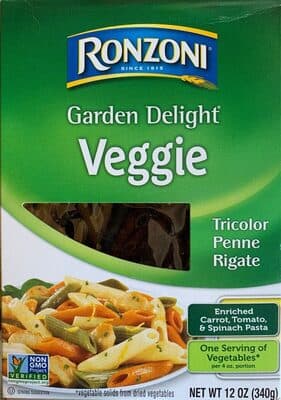 ENRICHED CARROT, TOMATO, & SPINACH VEGGIE PASTA, TRICOLOR PENNE RIGATE