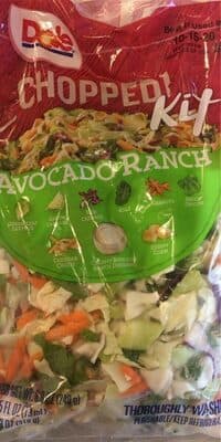 Avocado Ranch Green Leaf Lettuce, Green Cabbage, Red Cabbage, Kale, Carrots, Green Onions, Cheddar Cheese, Creamy Avocado Ranch Dressing, Crispy Corn Chopped Kit