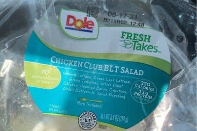 Chicken Club BLT Iceberg Lettuce, Green Leaf Lettuce, Colors Grape Tomatoes, White Meat Chicken, Uncured Bacon Pieces, Whole Grain Cheese Garlic Croutons, Dole's Buttermilk Ranch Dressing Salad