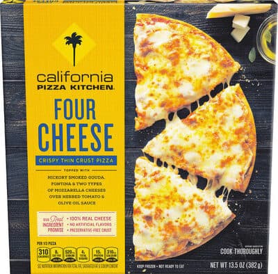 Four Cheese Topped with Fontina, Hickory Smoked Gouda & Two Types of Mozzarella Cheeses over Herbed Tomato & Olive Oil Sauce Crispy Thin Crust Pizza