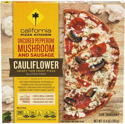Uncured Pepperoni Mushroom and Sausage Topped with Portabella Mushrooms, Italian Sausage, Parsley, Oregano and Mozzarella Cheese Over Tomato Basil Sauce Gluten Free Cauliflower Crispy Thin Crust Pizza