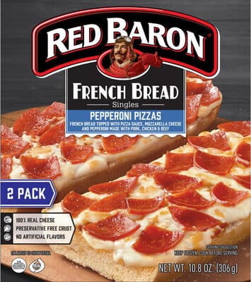 Pepperoni French Bread Topped with Pizza Sauce, Mozzarella Cheese French Bread Singles Pizzas