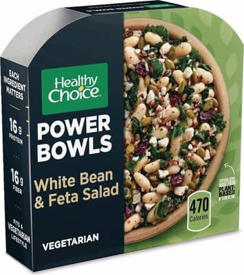 White Bean & Feta Salad Vegetarian White Kidney Beans and Vegetables Served on Top of Brown & Red Rice, Red Quinoa and Black Barley with a Red Wine Vinaigrette Topped with Feta Cheese, Dried Cranberries & Roasted Pepitas