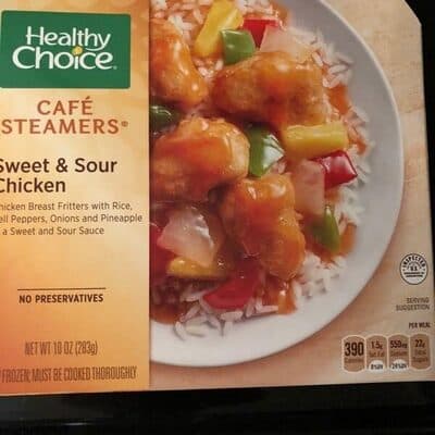 Sweet & Sour Chicken White Meat Chicken Fritters With Rice, Bell Peppers, Onions And Pineapple In A Sweet And Sour Sauce