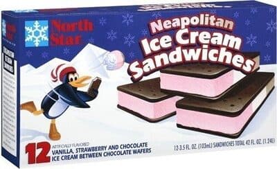 Neapolitan Vanilla, Strawberry and Chocolate Flavored Ice Cream Between Chocolate Wafers Sandwiches