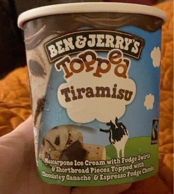 Topped Tiramisu Mascarpone Ice Cream with Fudge Swirls & Shortbread Pieces Topped with Espresso Fudge Chunks & Chocolatey Ganache
