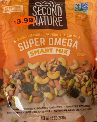 Super Omega Roasted Almonds, Roasted Cashews, Pistachio Kernels, Raw Walnuts, Dried Bing Cherries, No Sugar Dark Chocolaty Drops Smart Mix