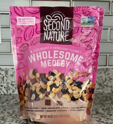 Almonds, Dark Chocolate Chunks, Peanuts, Dried Cranberries, Cashews, Dried Cherries, Wholesome Medley