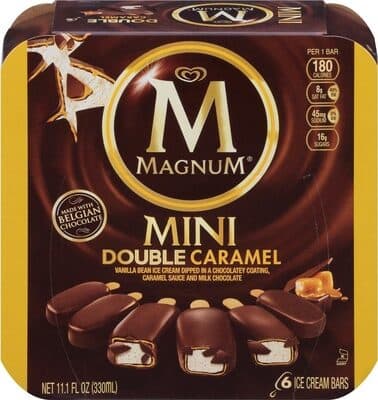 Double Caramel Vanilla Bean Ice Cream Dipped in a Chocolatey Coating, Caramel Sauce and Milk Chocolate Mini Ice Cream Bars