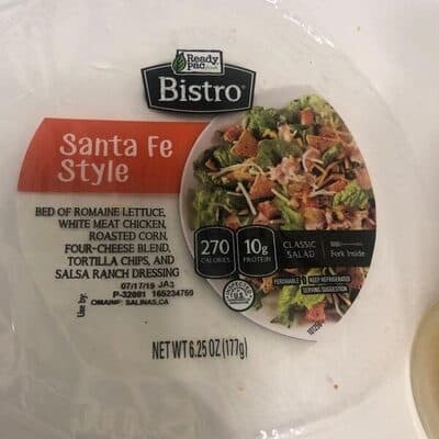 Santa Fe Style Bed of Romaine Lettuce, White Meat Chicken, Roasted Corn, Four-Cheese Blend, Tortilla Chips and Salsa Ranch Dressing