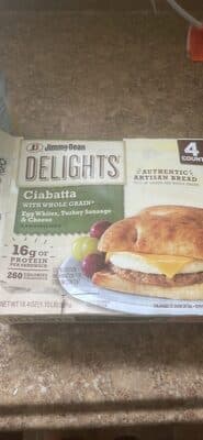 Ciabatta with whole grain Egg Whites, Turkey Sausage & Cheese Sandwiches