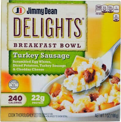 Turkey Sausage Scrambled Egg Whites, Diced Potatoes, Cheddar Cheese Breakfast Bowl