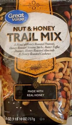 Nut & Honey Trail Mix A Blend Of Honey Roasted Peanuts, Honey Roasted Sesame Sticks, Butter Toffee Peanuts, Honey Roasted Almonds & Honey Roasted Cashews