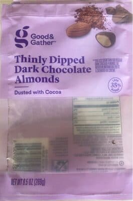 THINLY DIPPED DARK CHOCOLATE ALMONDS DUSTED WITH COCOA, DARK CHOCOLATE