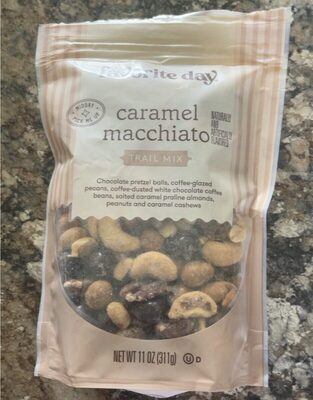 Caramel Macchiato Flavored Chocolate Pretzel Balls, Coffee-Glazed Pecans, Coffee-Dusted White Chocolate Coffee Beans, Salted Caramel Praline Almonds, Peanuts and Caramel Cashews Trail Mix