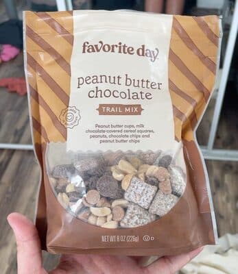 Peanut Butter Chocolate Cups, Milk Chocolate-Covered Cereal Squares, Peanuts, Chocolate Chips and Peanut Butter Chips Trail Mix