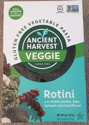 Gluten Free Vegetable Pasta, Rotini with Green Lentils, Kale, Spinach and Cauliflower