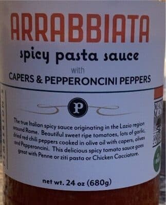 Arrabiata spicy pasta sauce with capers & pepperoncini peppers