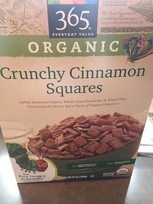 Crunchy Cinnamon Squares Sweetened Organic Whole Grain Wheat & Brown Rice Flour Cereal With The Warm Flavor Of Organic Cinnamon