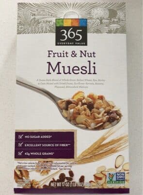 Fruit & Nut Muesli: A Swiss-Style Blend of Whole Grain Rolled Wheat, Rye, Barley & Oats Mixed with Dried Dates, Sunflower Kernels, Raisins, Flaxseed, Almonds & Walnuts