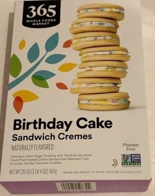 Birthday Cake Flavored Delicious Cane Sugar Frosting With Rainbow Sprinkles Sandwiched Between Two Crunchy Vanilla-flavored Cookies